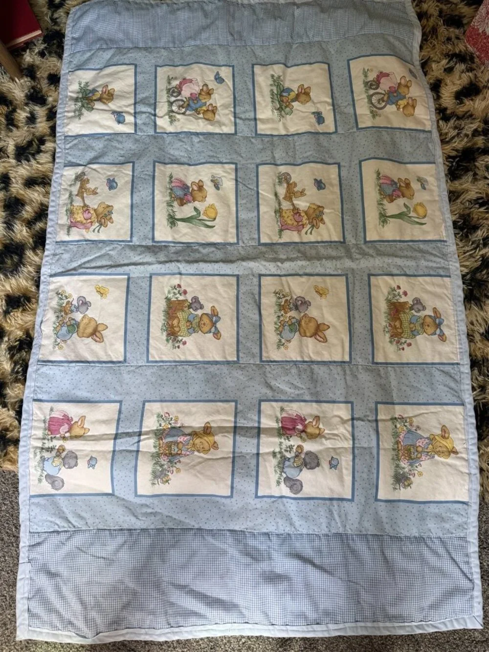Vintage Baby Quilt Blanket Mother Goose Reversible Bunnies 33 x 52